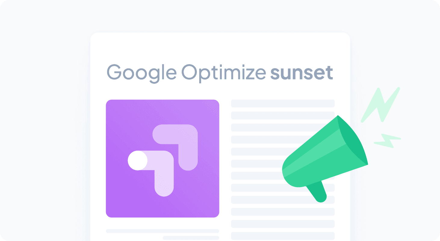 Google Optimize icon and a loudspeaker illustrating awareness for the end of Google Optimize.