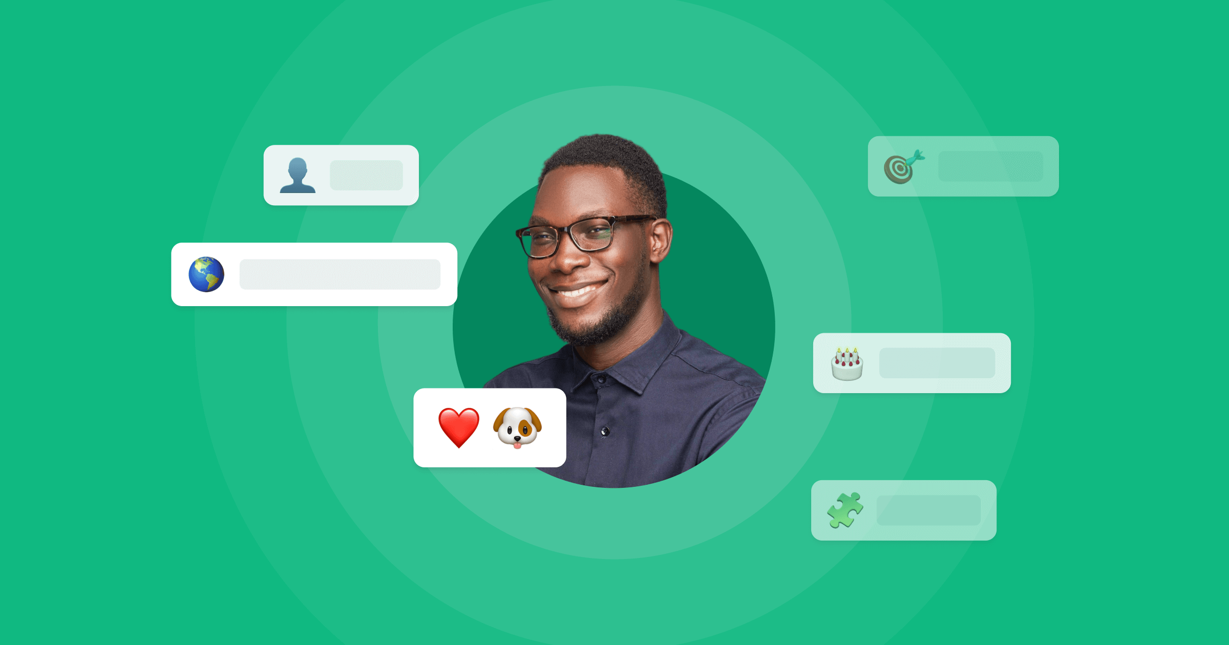 A man surrounded by emojis that represent his user profile attributes.