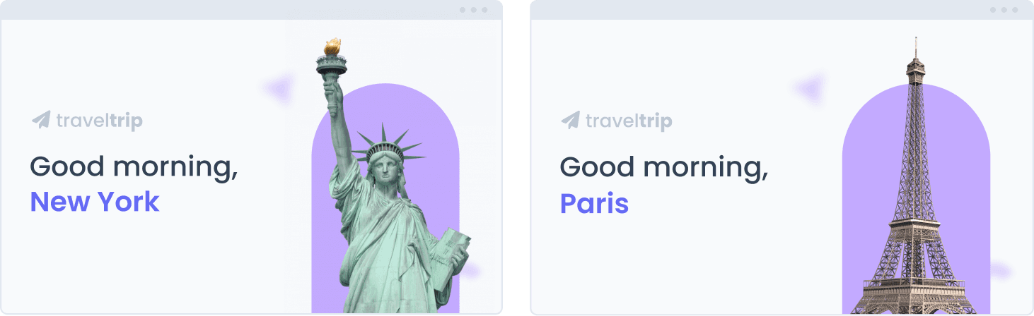 Two banners displaying SaaS personalization by location, one for users in Paris and the other for users in New York