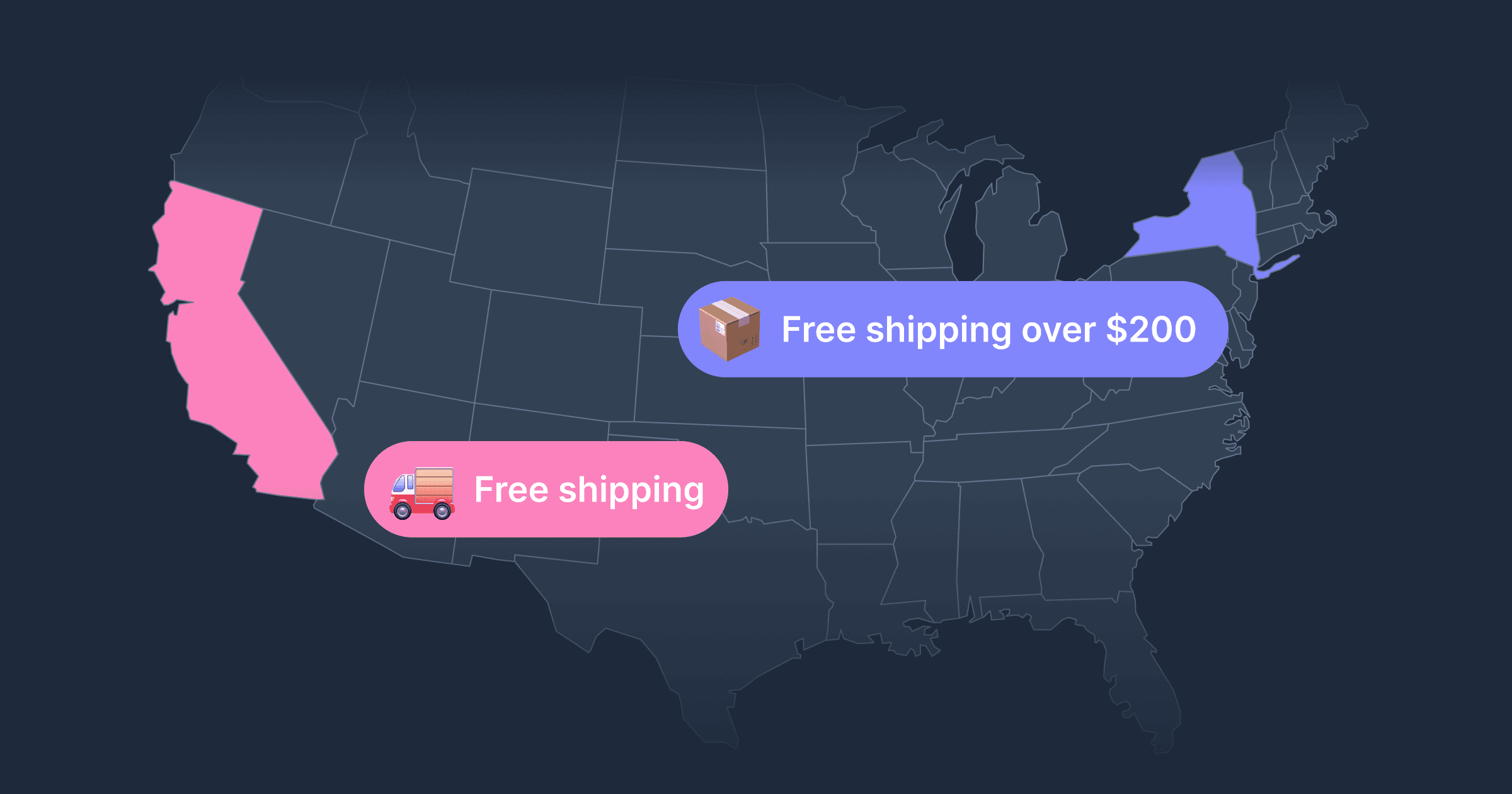 A USA map with highlighted states in different colours — each corresponding to a specific free shipping offer.
