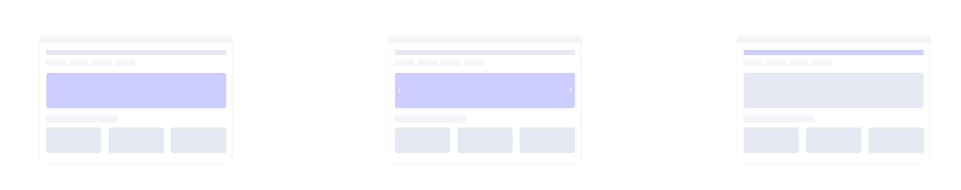 Three wireframes highliting home banner and top bar website slots you can personalize.