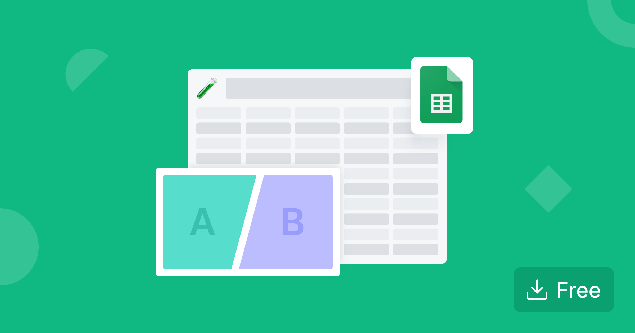 A spreadsheet wireframe and a website wireframe with the left side in green with an A in the middle and the right side in purple with a B in the middle representing an AB test.