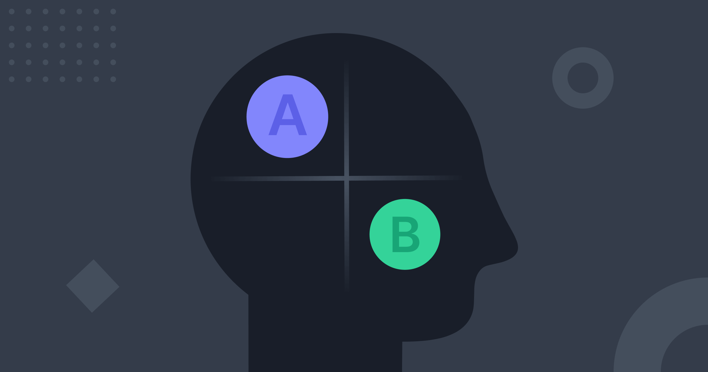 On one side of a person's head avatar there is the letter A and, on the other side, the letter B, representing an AB test.