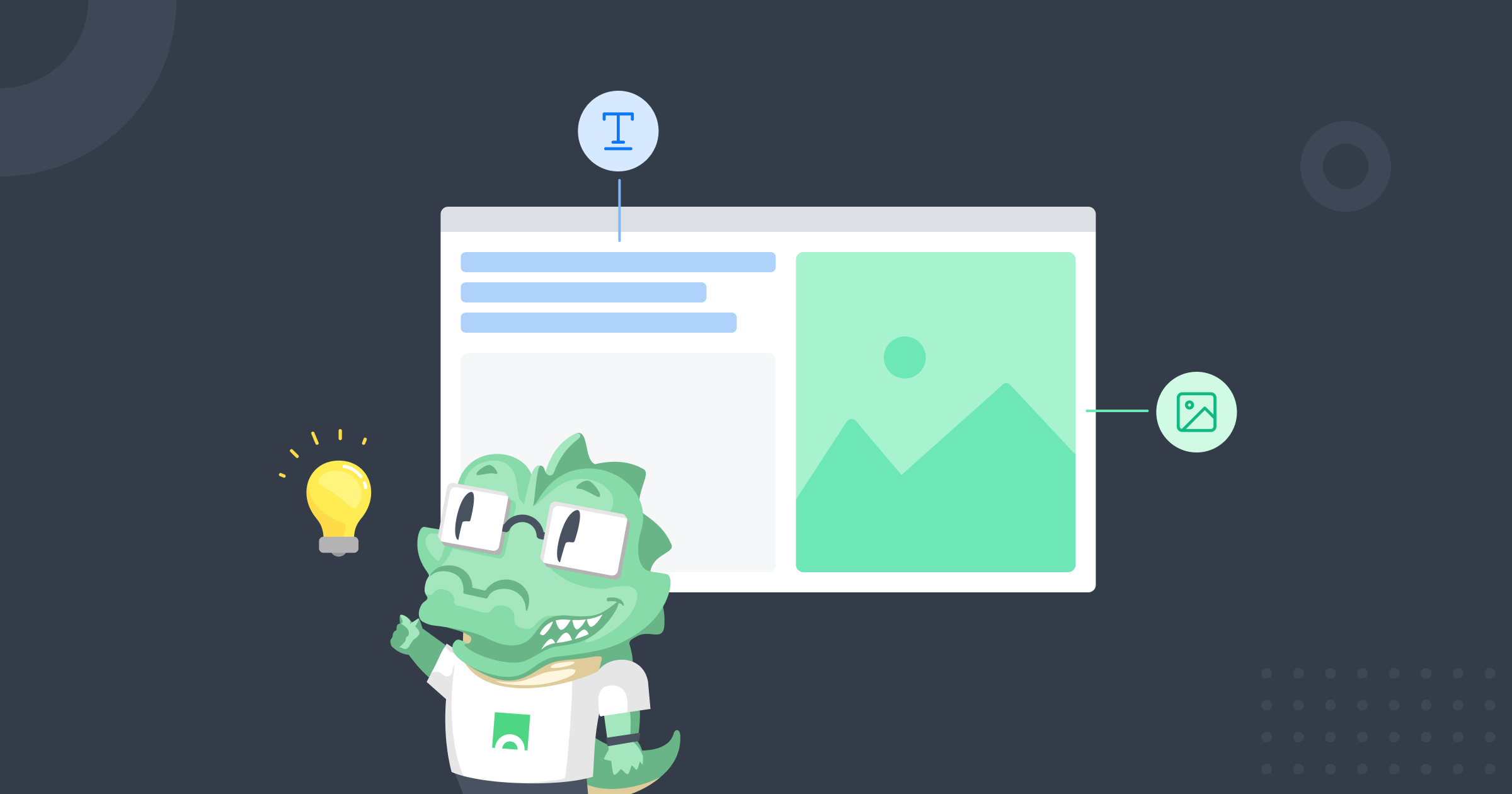 Croct's crocodile mascot having an ideia about how to personalize a website in front of wireframe with webpage elements.