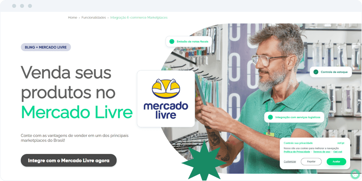 Exemplo de uma personalização da página de integrações para o marketplace do Mercado Livre