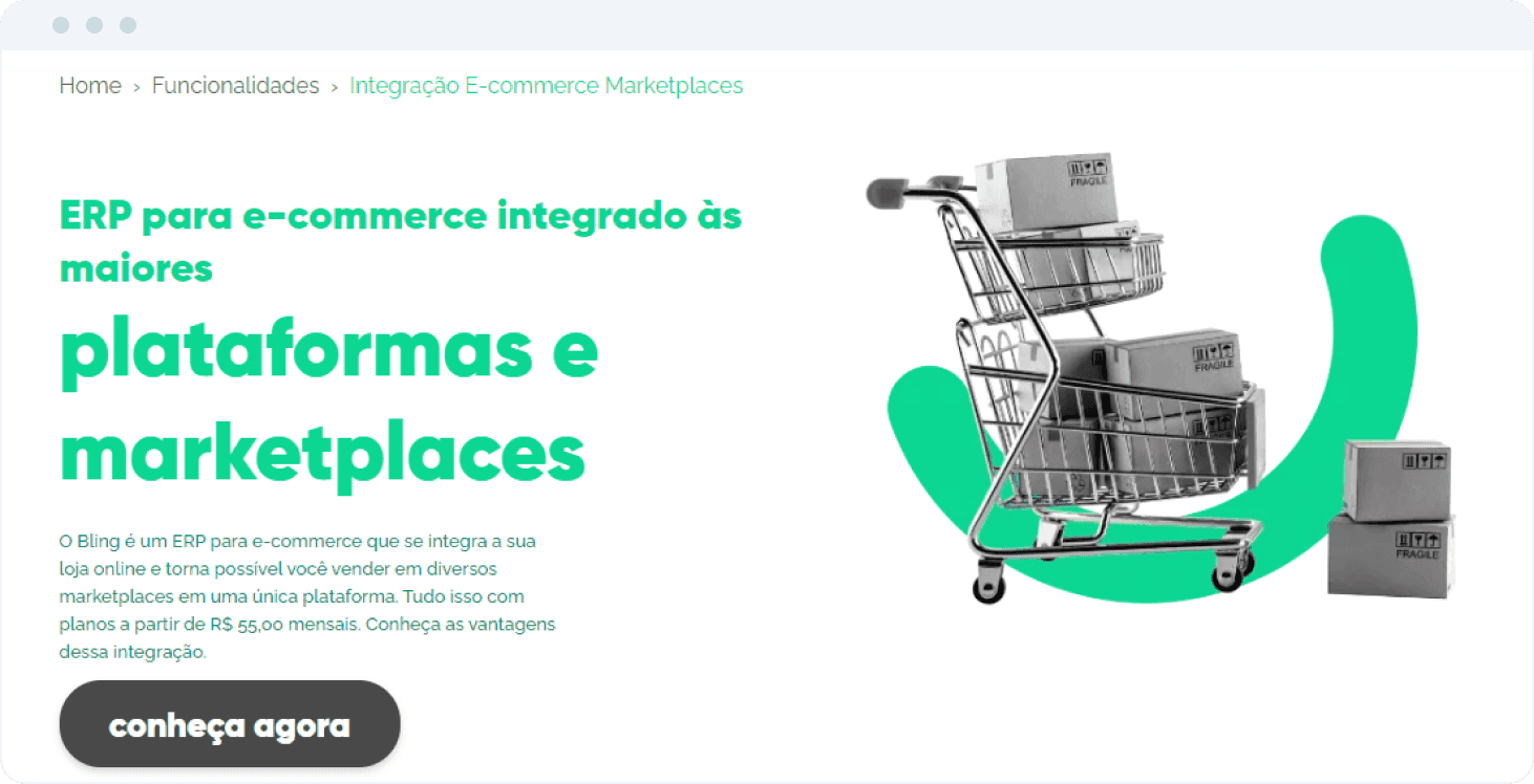 Página de integração padrão, mostrando informações de diferentes marketplaces