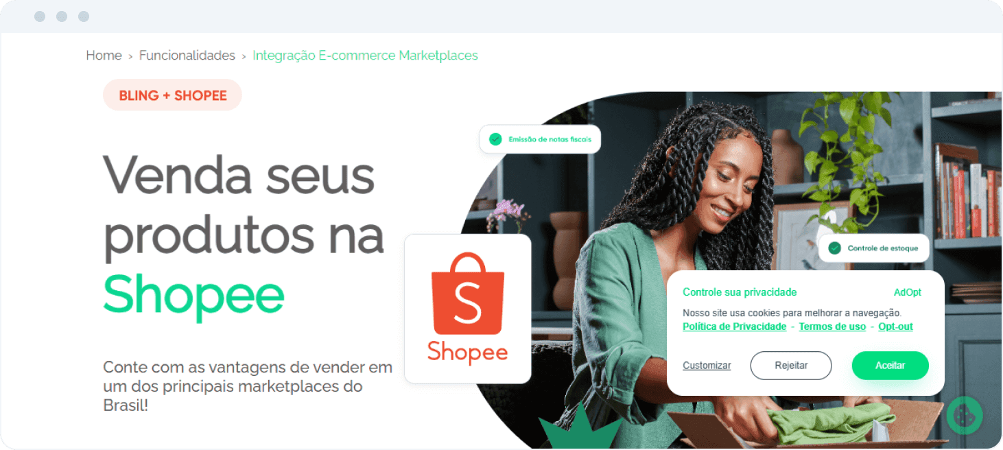 Exemplo de uma personalização da página de integrações para o marketplace da Shopee