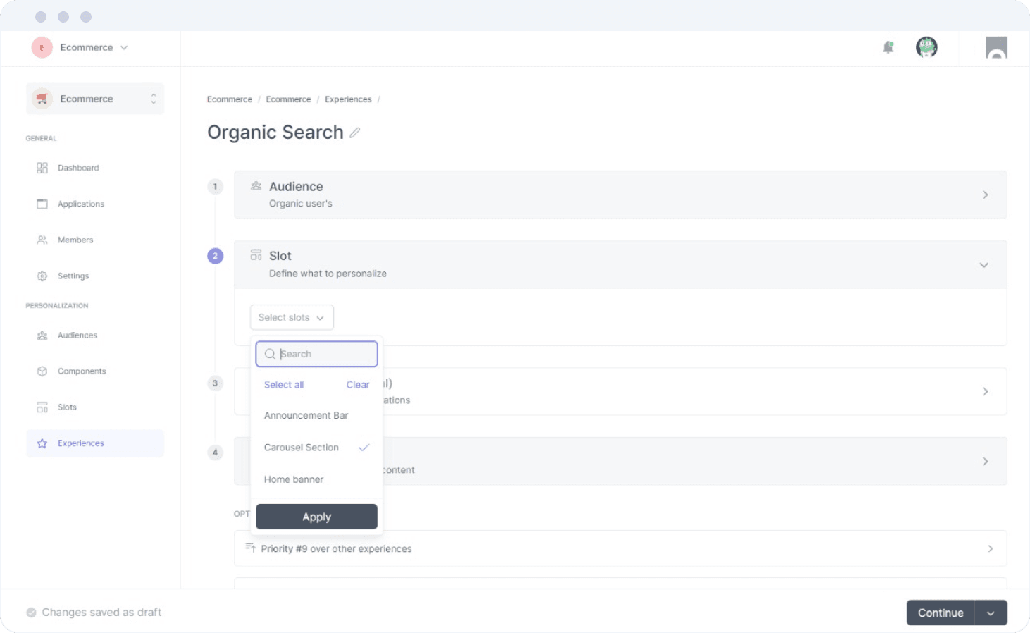 Screenshot of Croct's admin. A breadcrumb defines steps for creating an experience. A drop-down menu displays options of slots you can personalize.