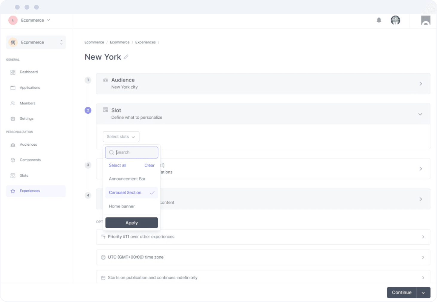 Screenshot of Croct's admin. A breadcrumb defines steps for creating an experience. A drop-down menu displays options of slots you can personalize.