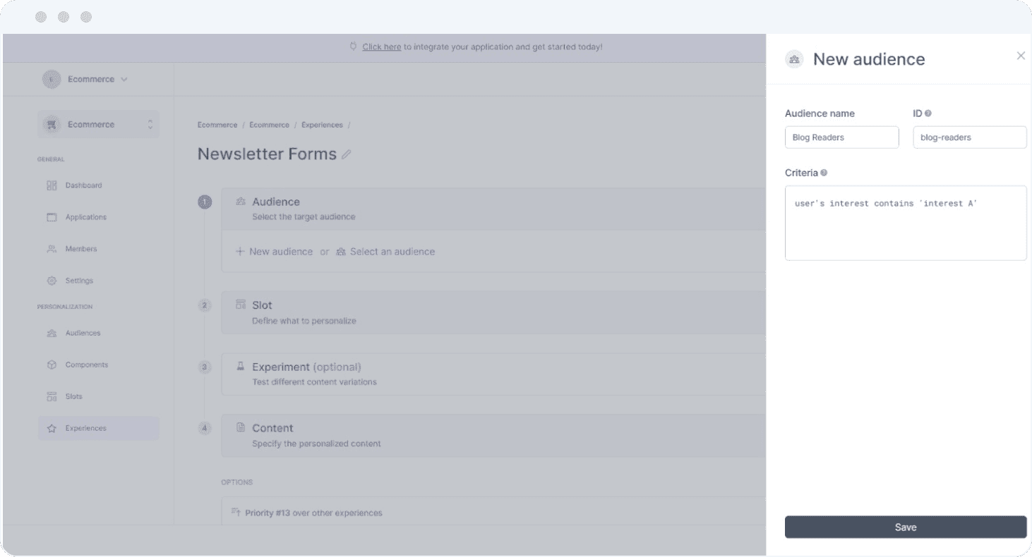 Screenshot of Croct's admin. A breadcrumb defines steps for creating an experience. A side drawer shows a form for defining audience name, ID, and criteria.