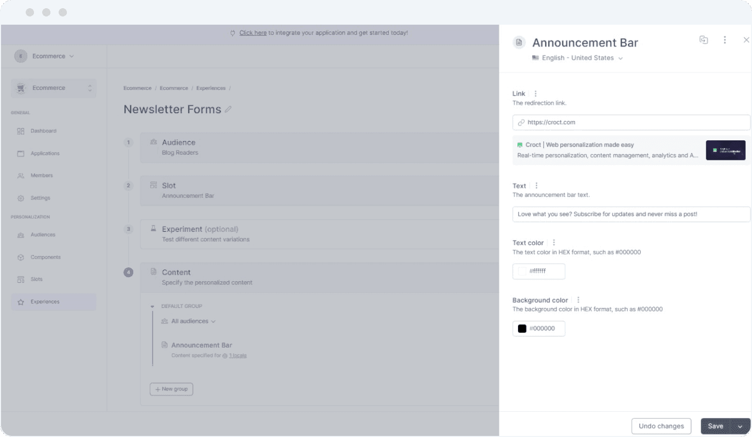 Screenshot of Croct's admin. A breadcrumb defines steps for creating an experience. A side drawer shows a content form for images, copies, and colours of the personalized content