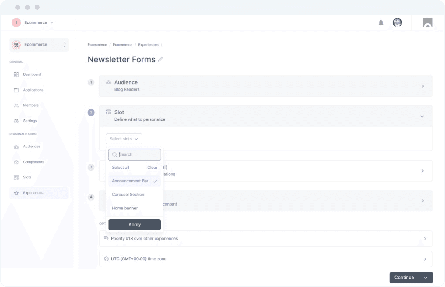 Screenshot of Croct's admin. A breadcrumb defines steps for creating an experience. A search filter tab allows you to select the slot you want to personalize.