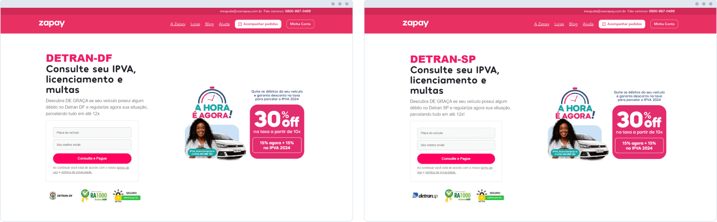 Two versions of the same personalized home banner on Zapay’s site, each one showing information tailored to users from different states.