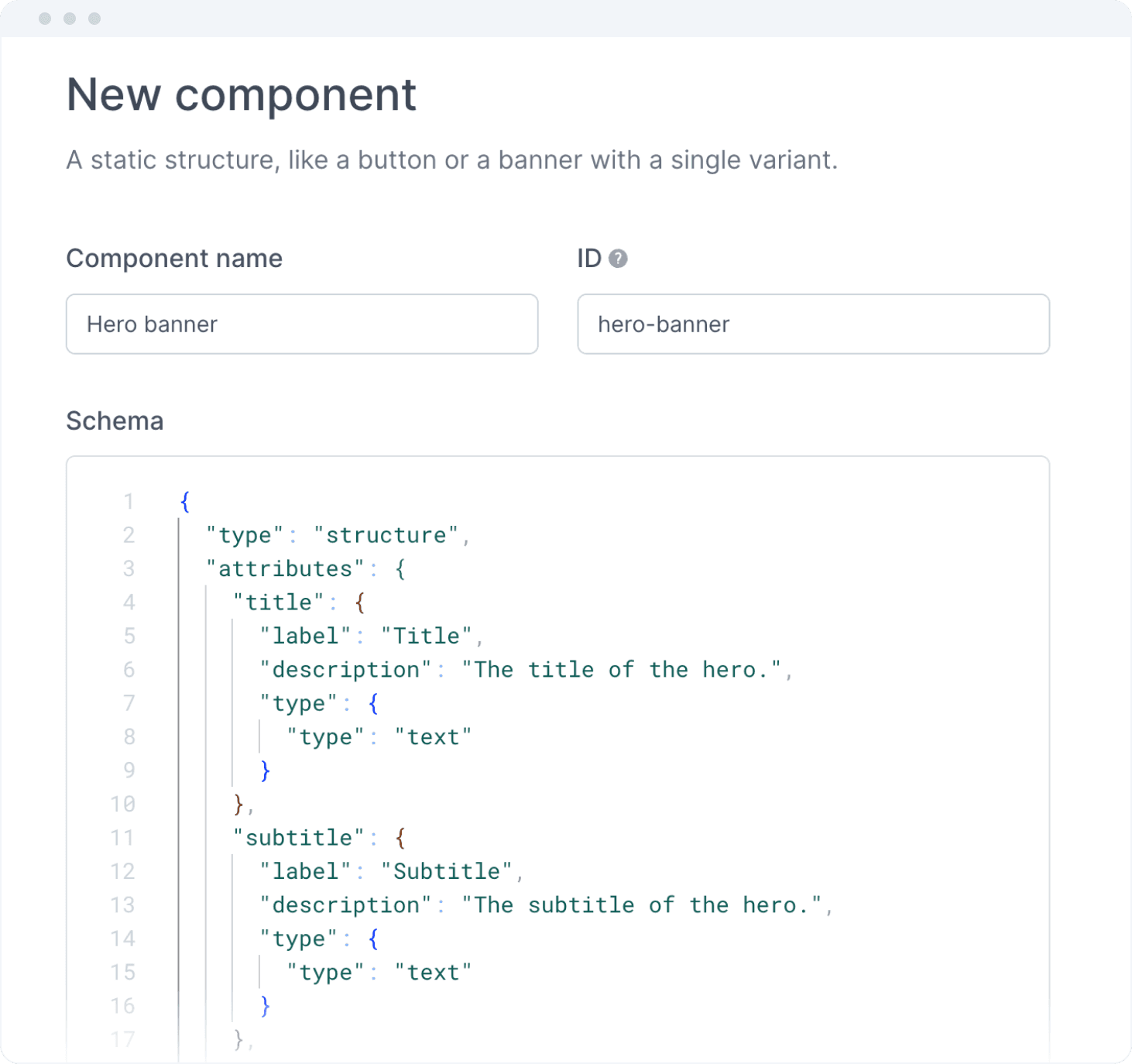 JSON schema editor displaying the structure of a component in the deprecated panel.