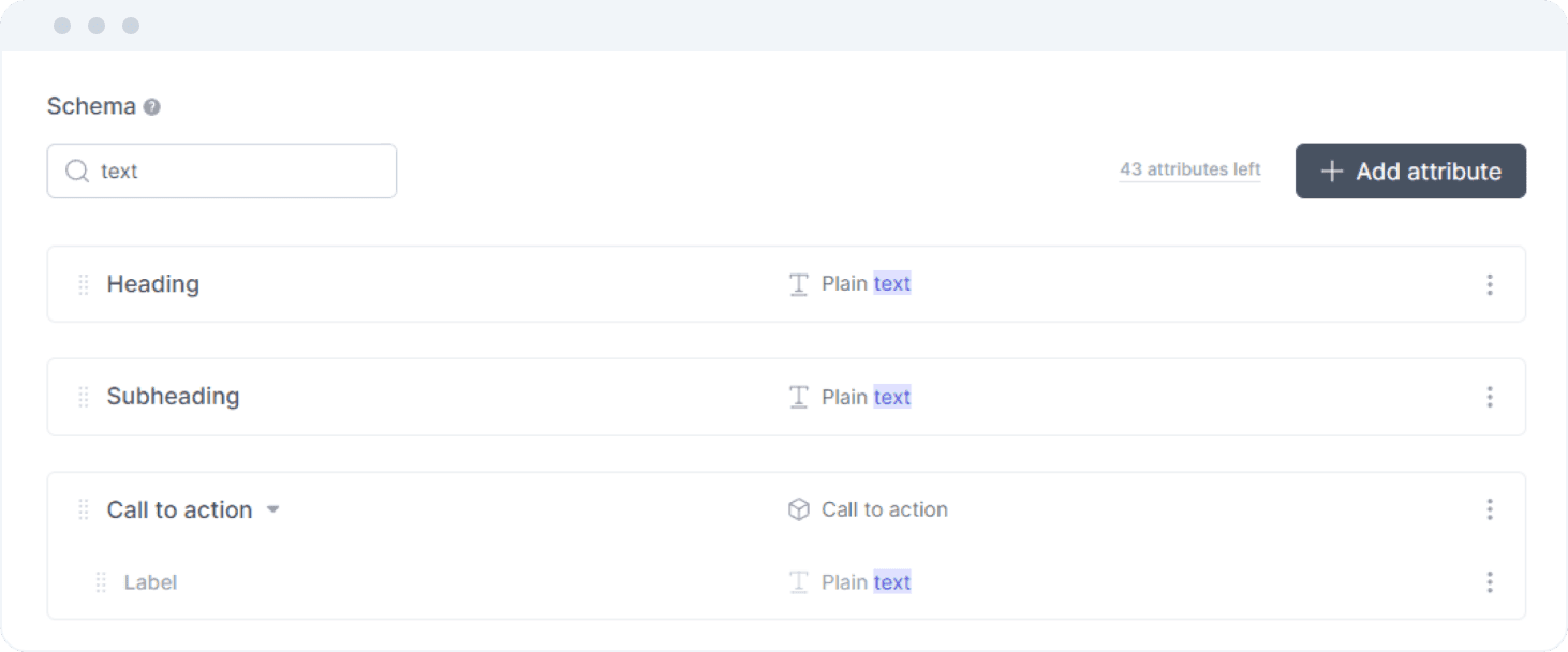 Schema de busca de atributos da Croct com atributos correspondentes em título, subtítulo e CTA.