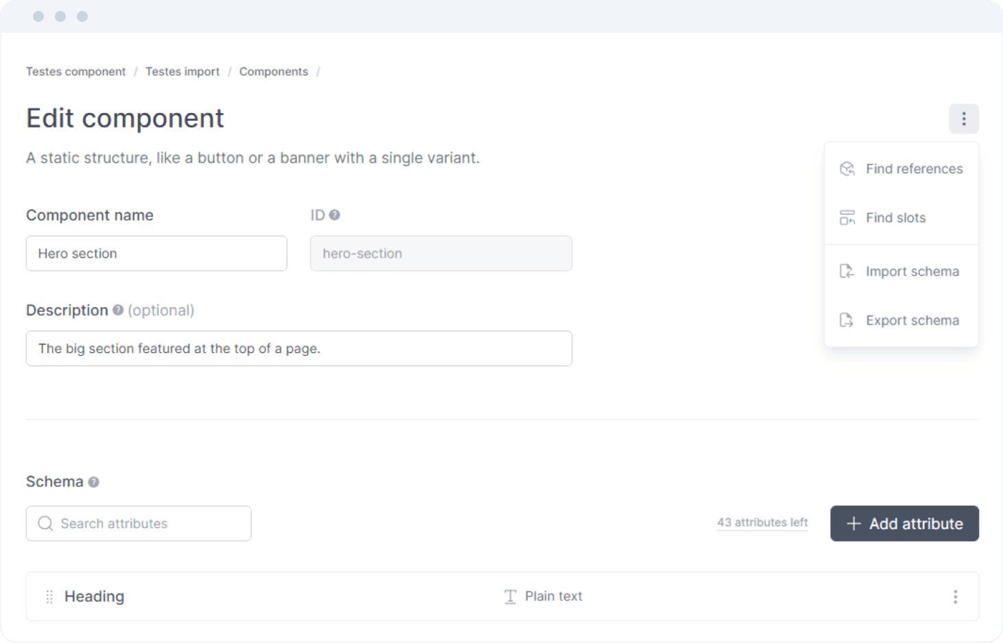 Component usage visualization example, including components' definition, name, ID, and description