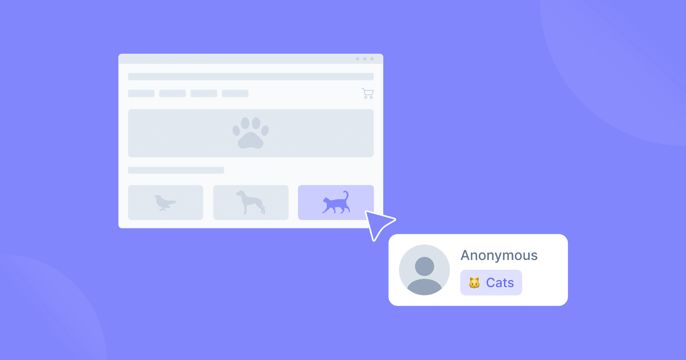 Wireframe de ecommerce de pet shop com cards correspondentes a diferentes pets. Um usuário anônimo interessado em gatos é representado por um cursor, um avatar e um emoji de gato.