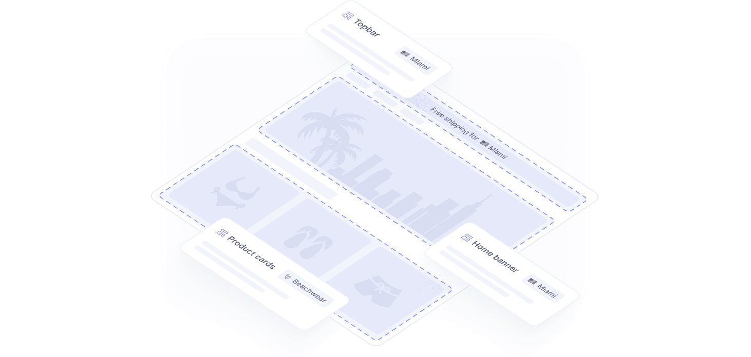 Website elements wireframe representing the top bar, home banner, and product cards