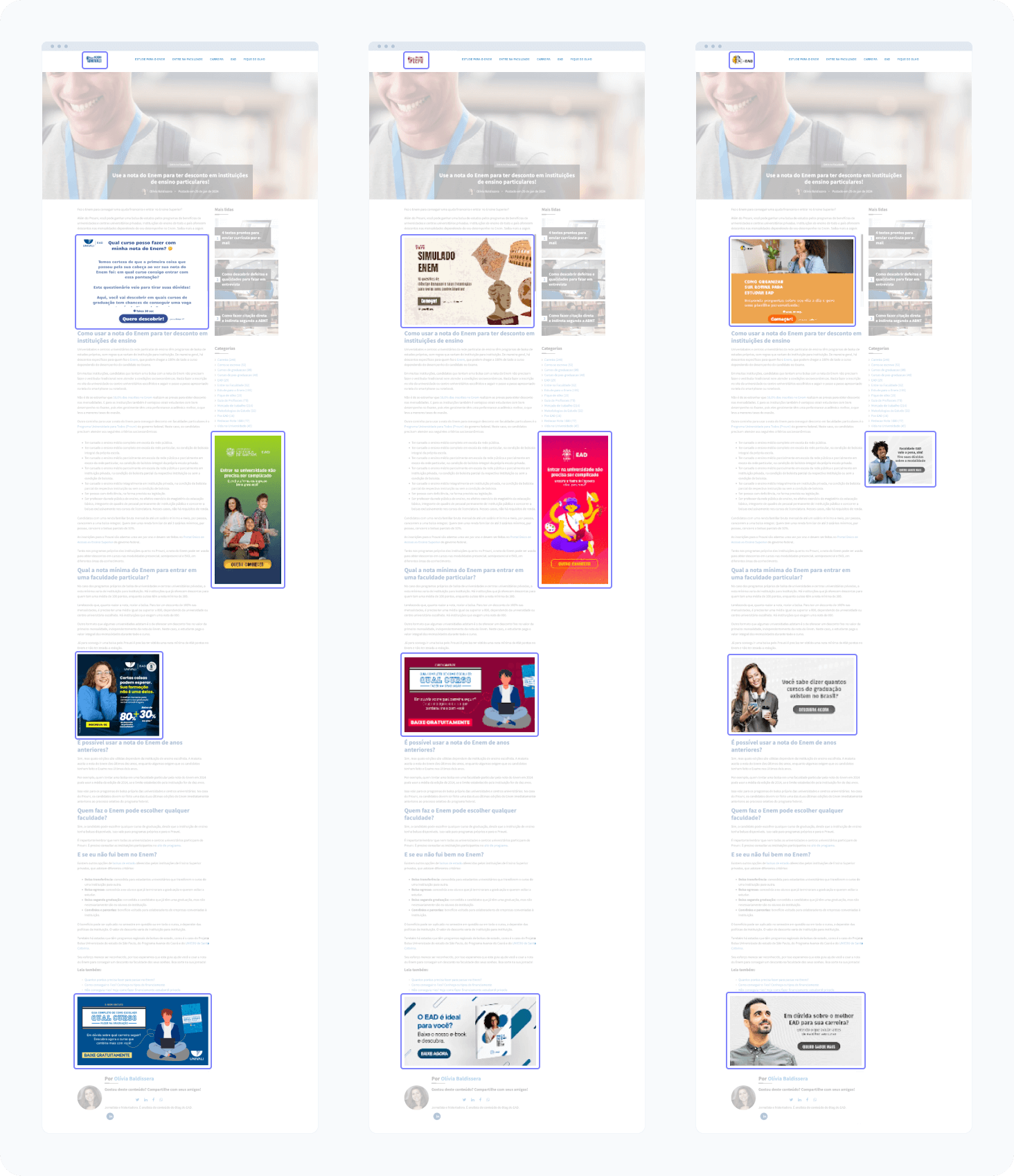 Screenshots de três versões do mesmo blog post com banners personalizados.