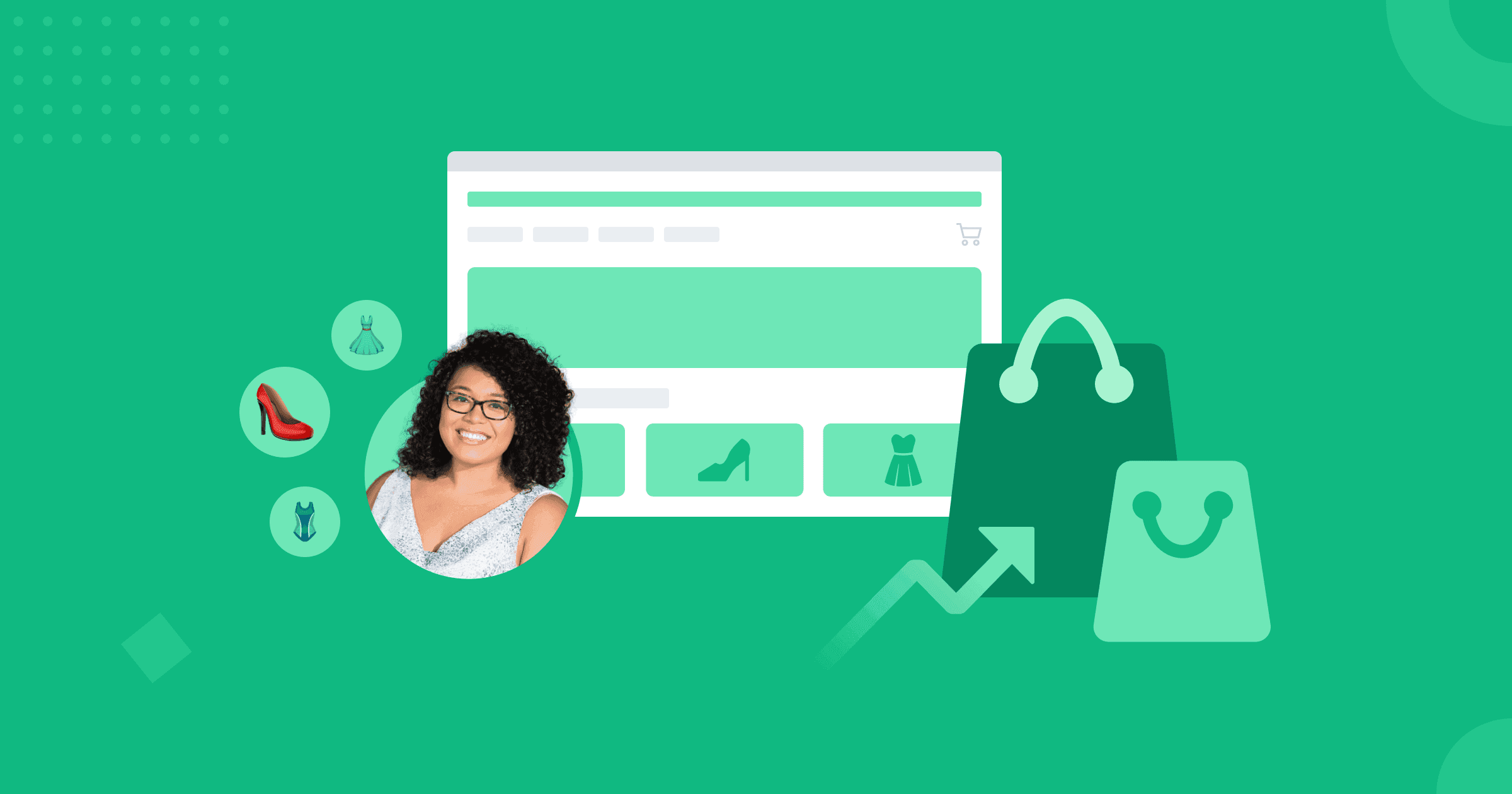 A woman avatar surrounded by clothing icons, a wireframe of a webpage, and bag illustrations