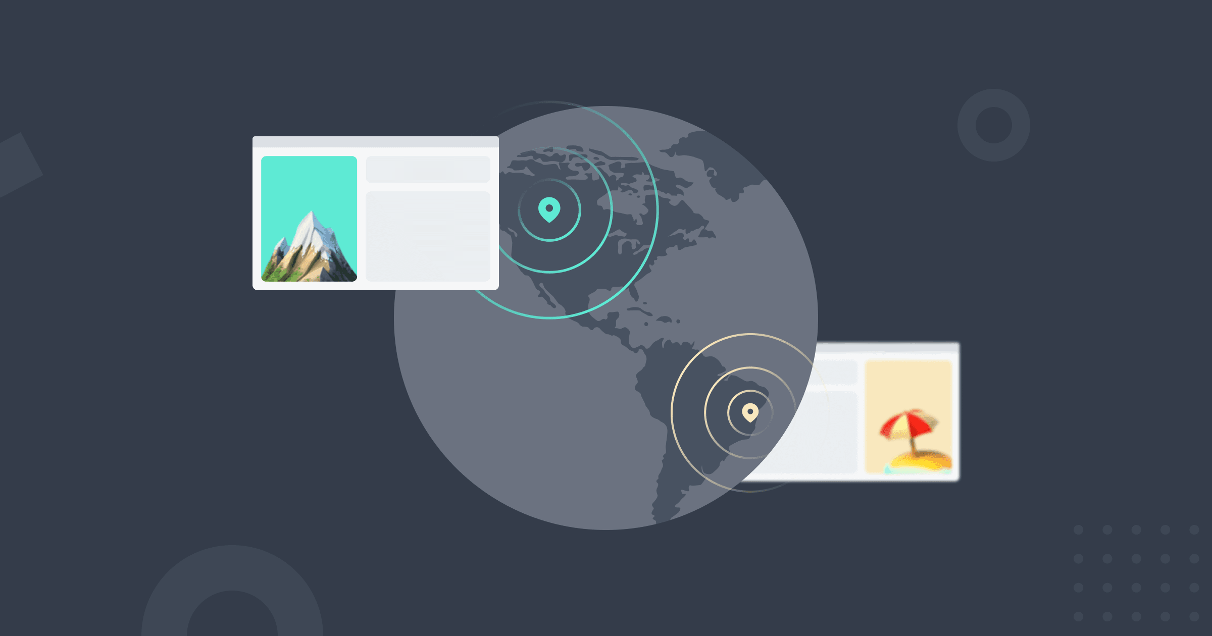 O mapa-múndi com dois pinos diferentes representando a localização dos usuários em dois países diferentes, cada um ao lado de um wireframe de site com uma paisagem específica.