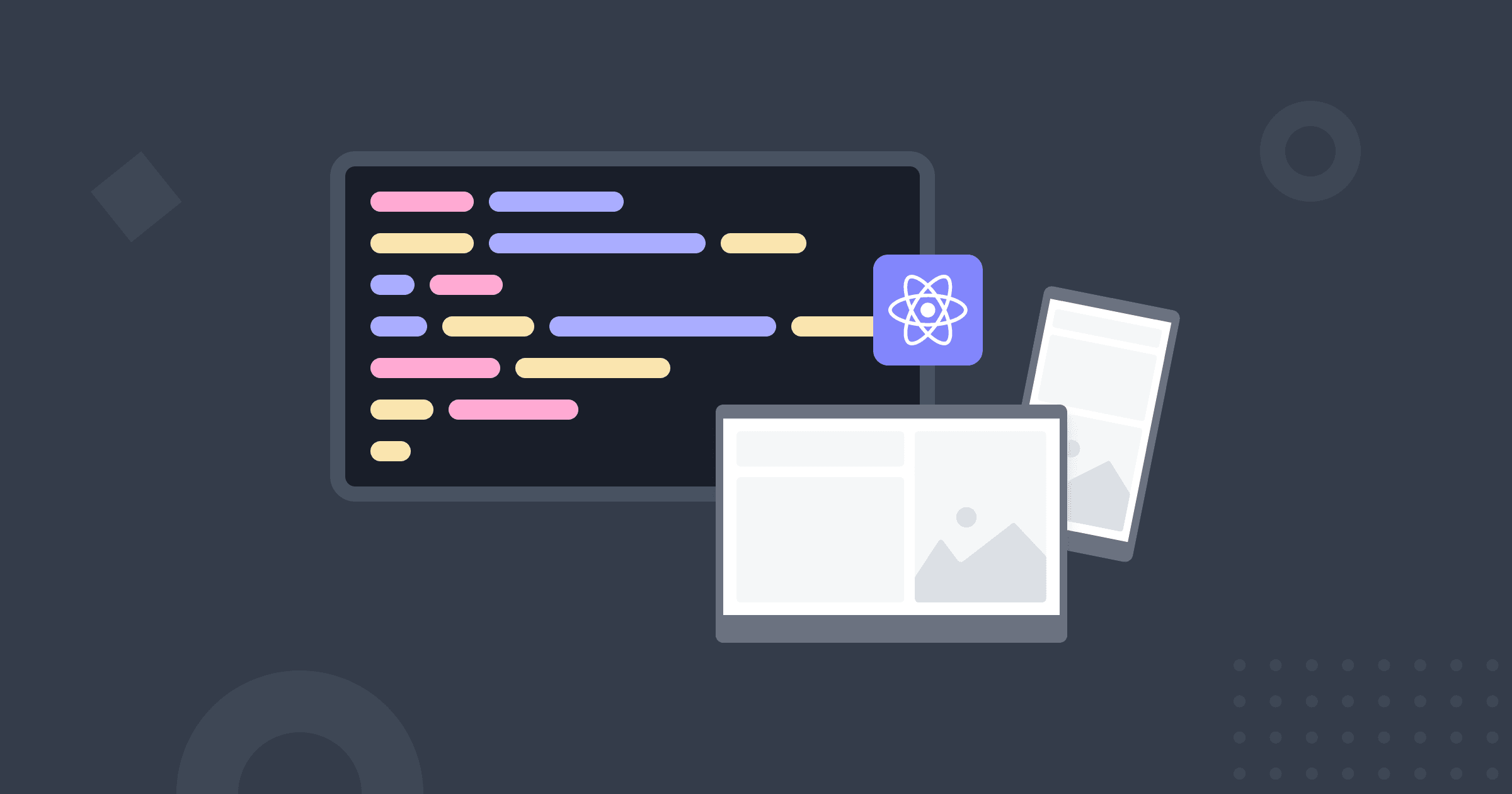 Um computador e um smartphone representando os diferentes dispositivos a partir dos quais um site pode ser acessado e o logotipo do React na frente de algumas linhas de código.