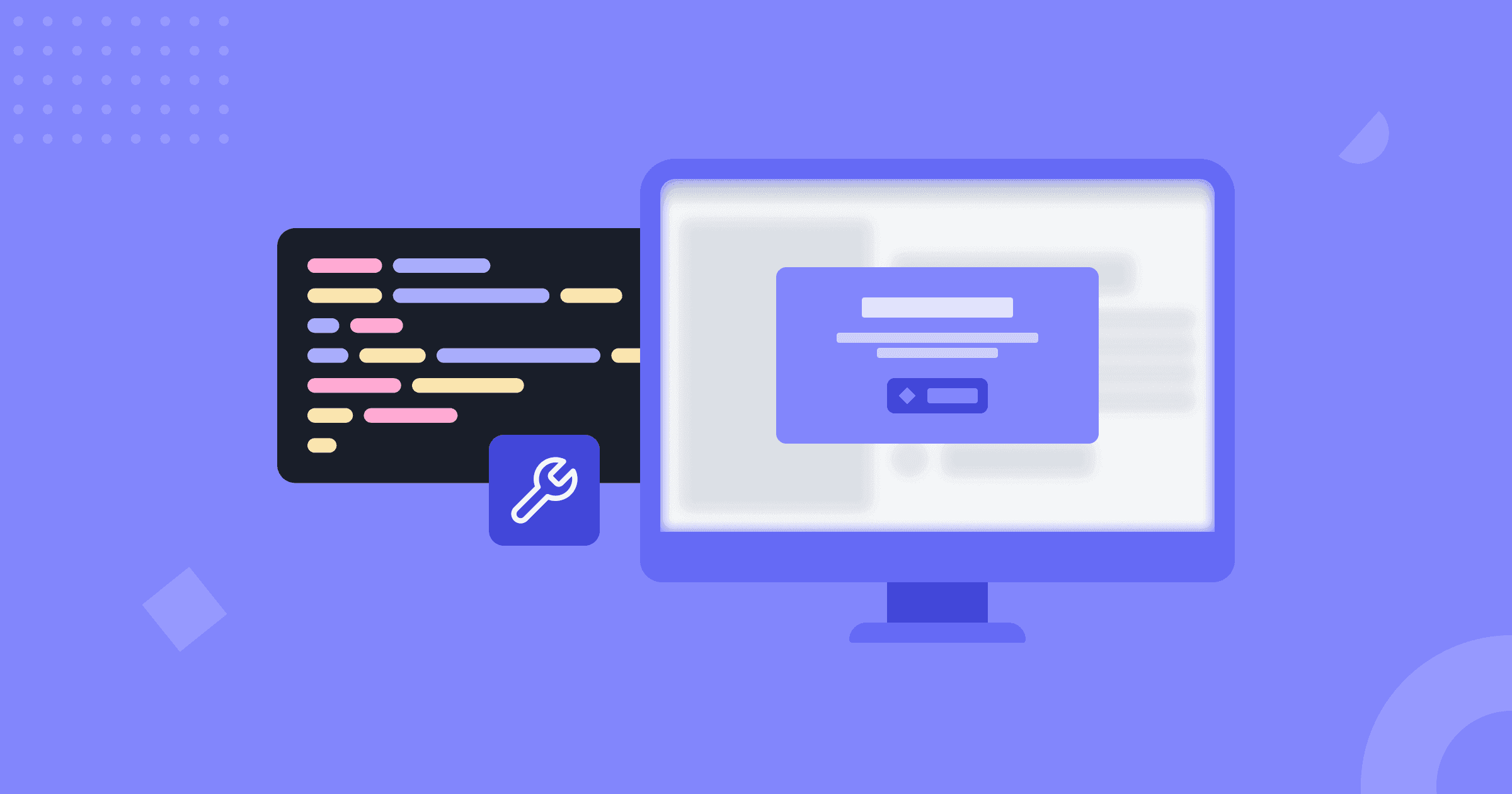 Imagem contendo um wireframe com fundo escuro representando algumas linhas de código e um monitor de computador com um exit pop-up na tela.