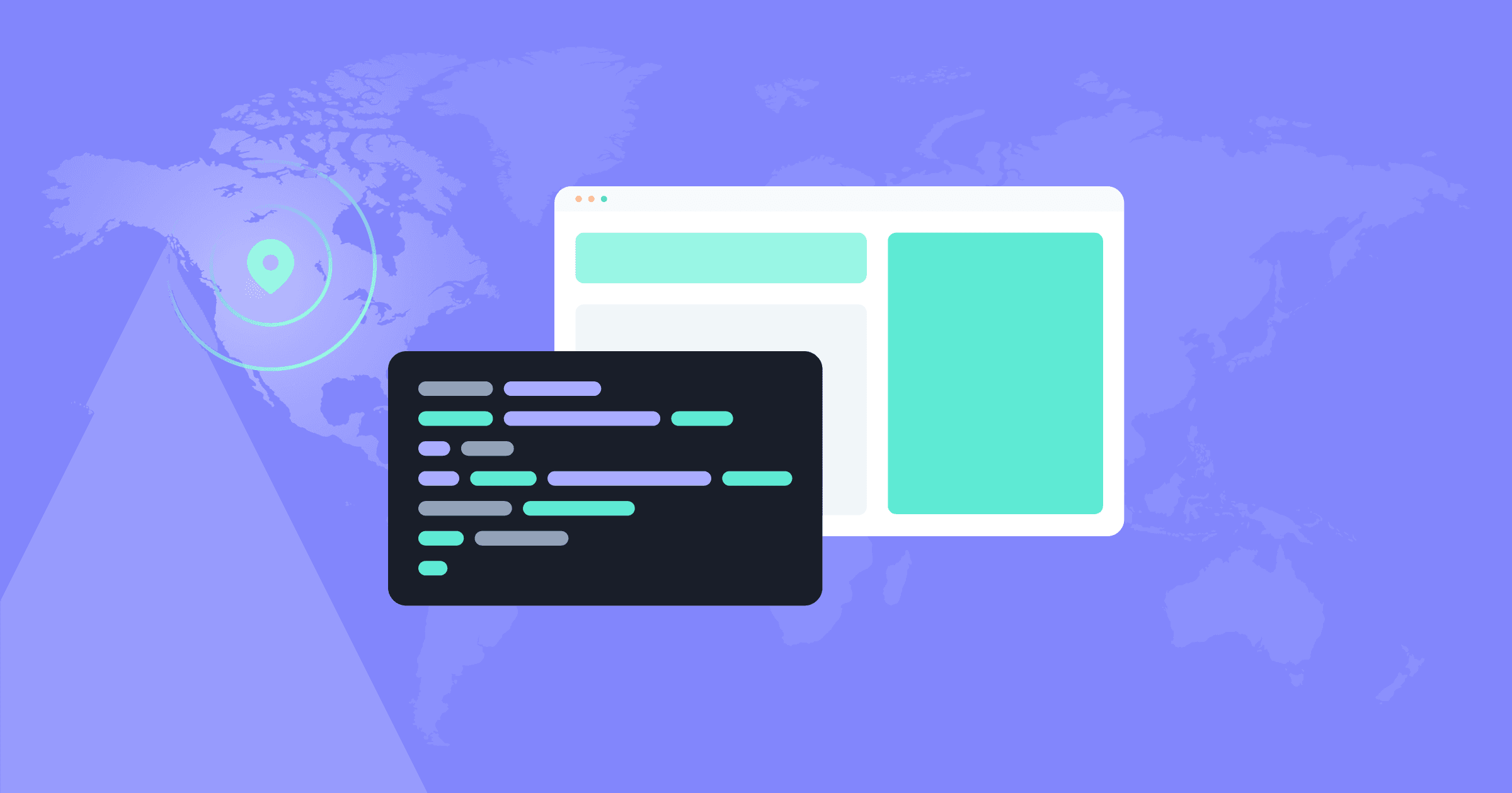 A world map with the user location, a piece of code, and a wireframe of a webpage