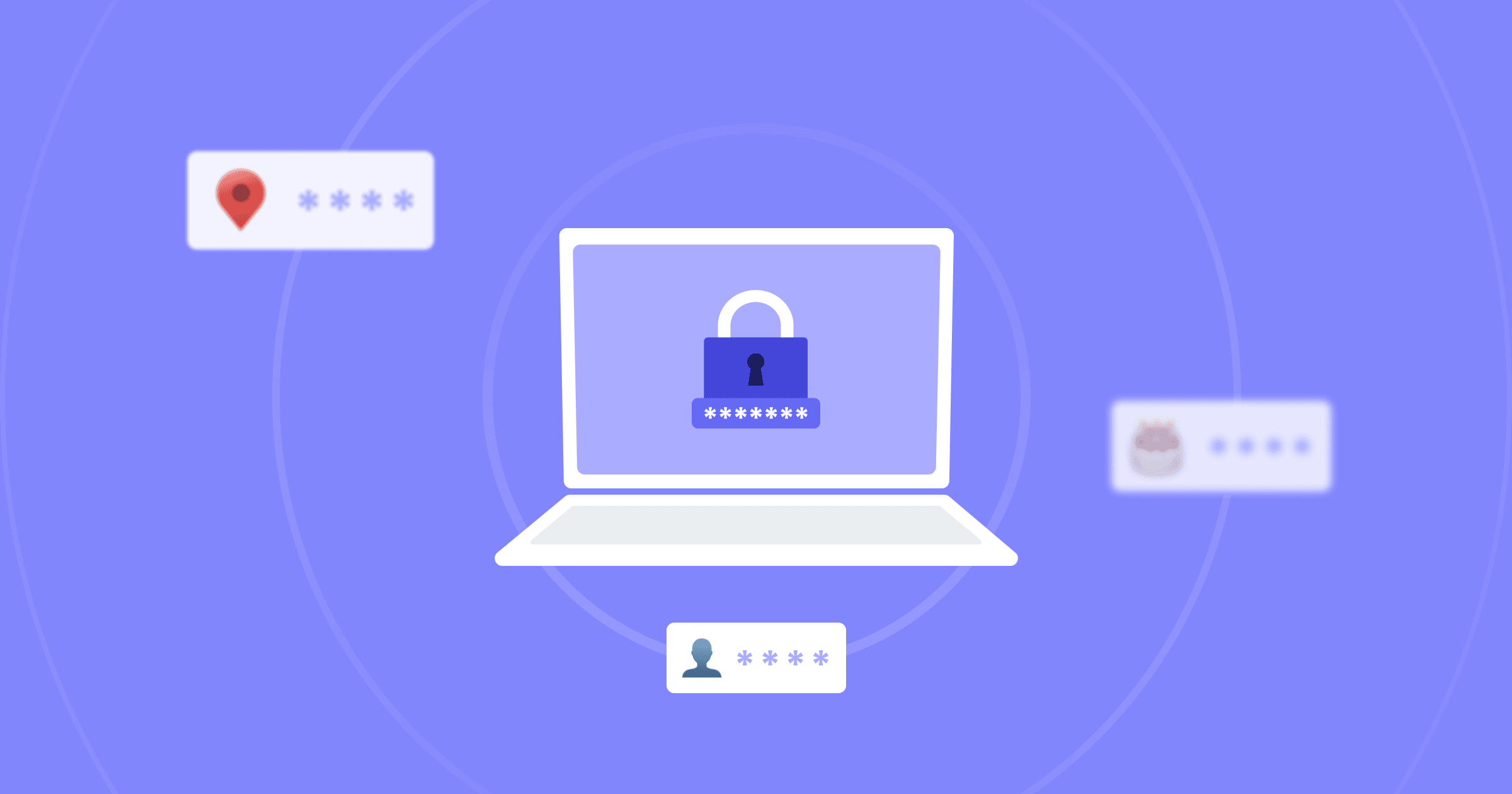 Imagem com fundo roxo mostrando um laptop aberto com um cadeado na tela cercado por emojis que representam dados anônimos do usuário.