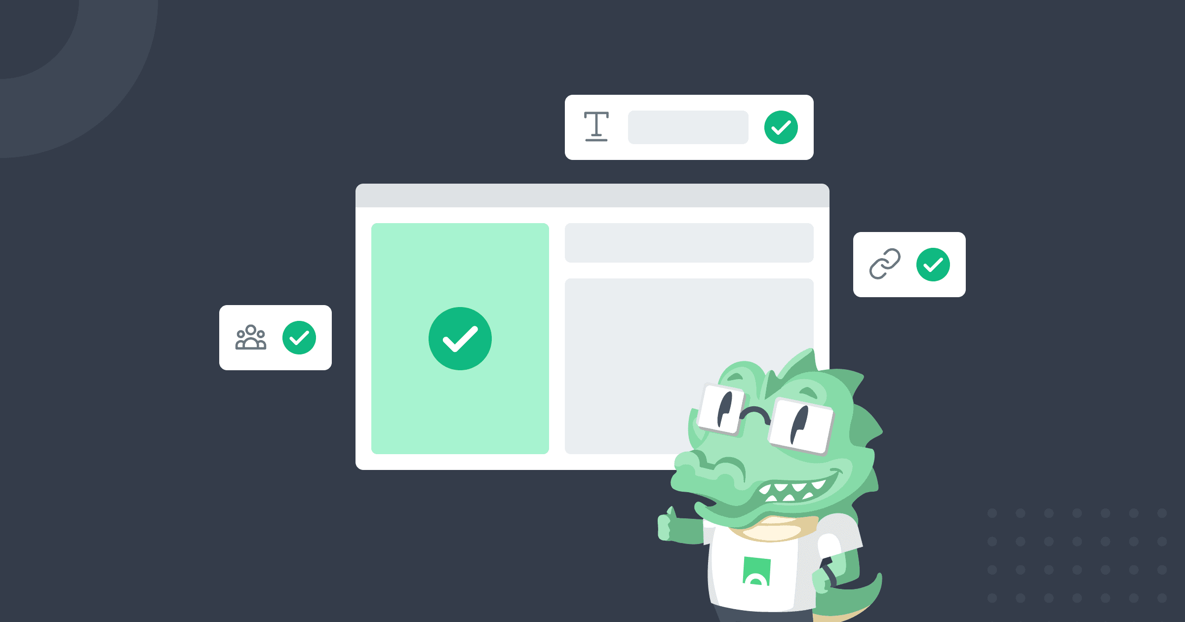 Mascote da Croct na frente de um wireframe de site e seus principais elementos com marcas verdes de check.