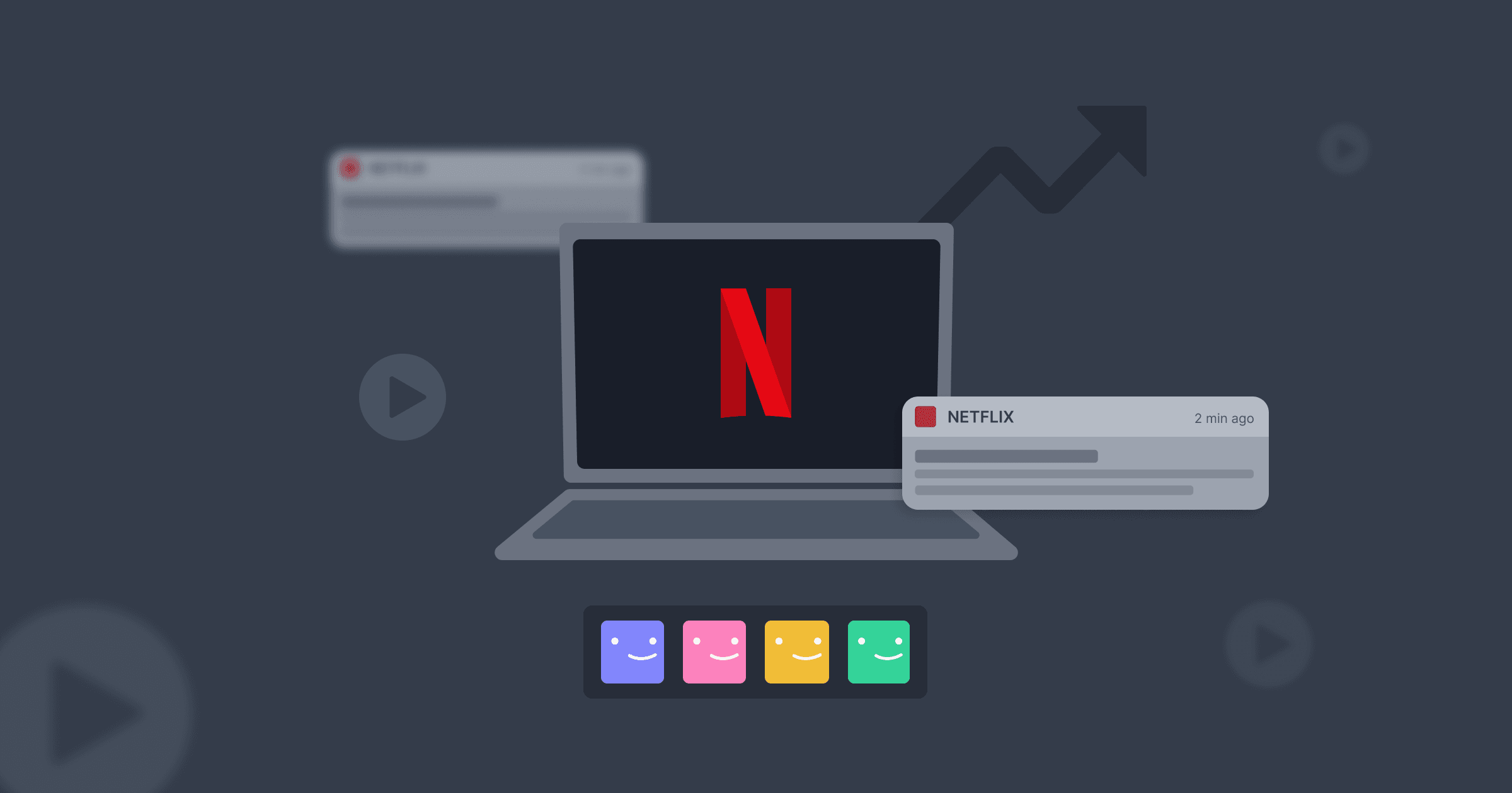 Um notebook com o logo da Netflix na tela, ao lado de uma seta indicando o aumento da taxa de conversão e uma notificação por push.