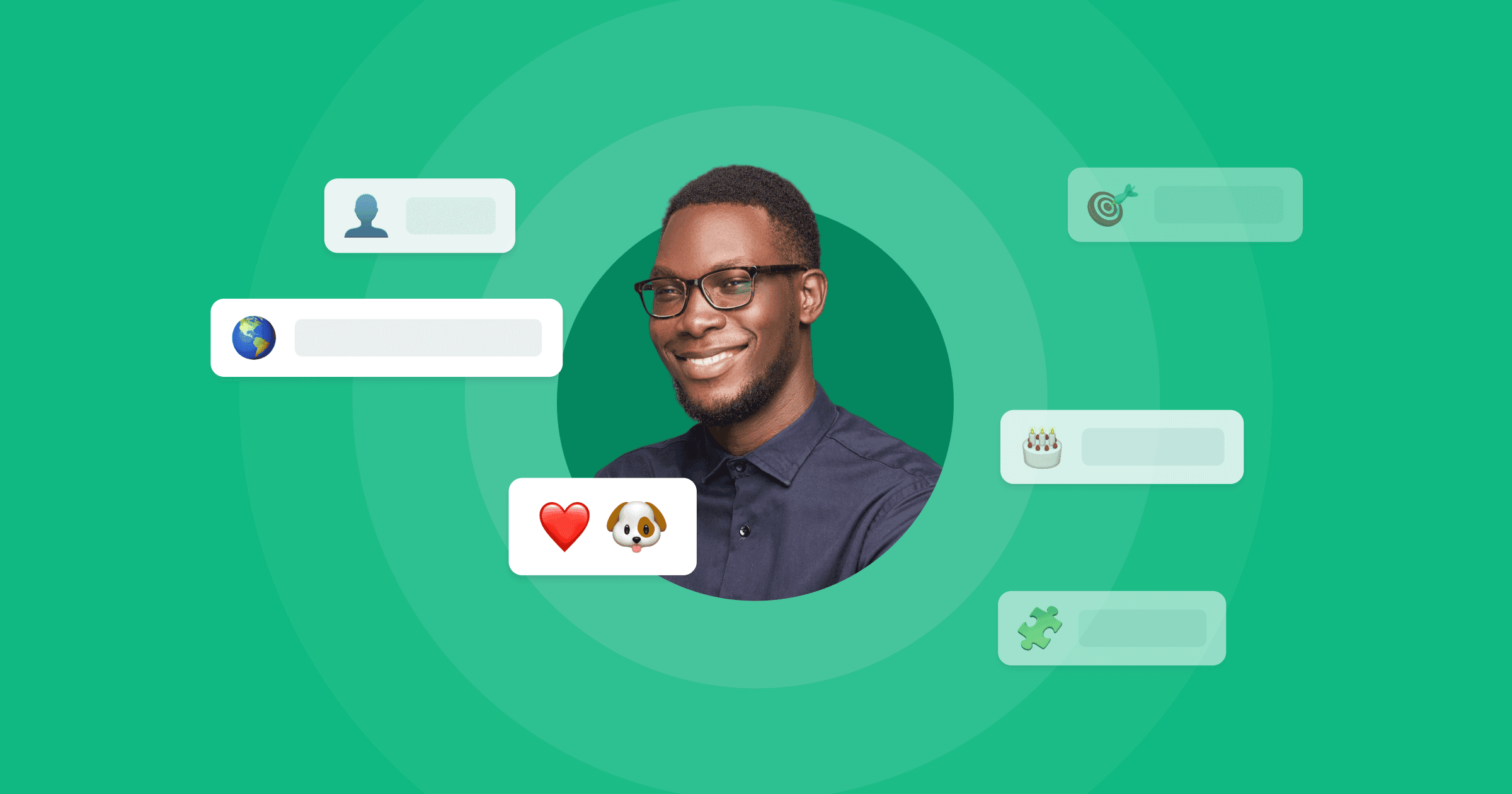 Um homem cercado por emojis que representam os atributos de seu perfil de usuário.