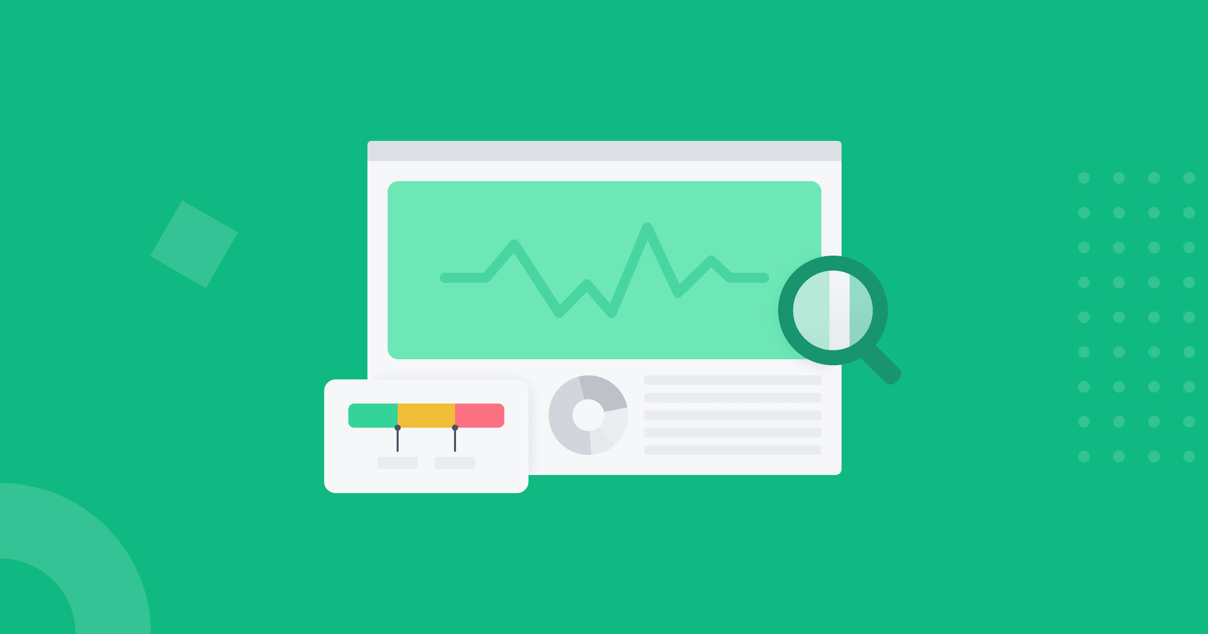 Imagem com fundo verde mostrando um wireframe representando um dashboard de métricas de performance que inclui o gráfico de core web vitals.