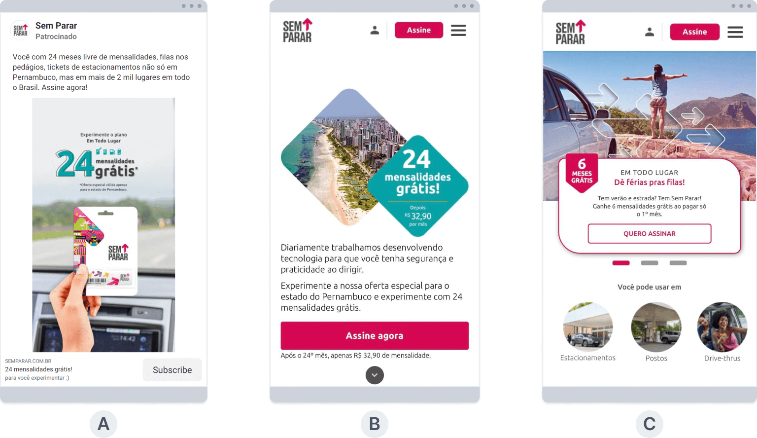 Image showing 3 screens from a mobile phone: the add, the landing page, and the old home page.