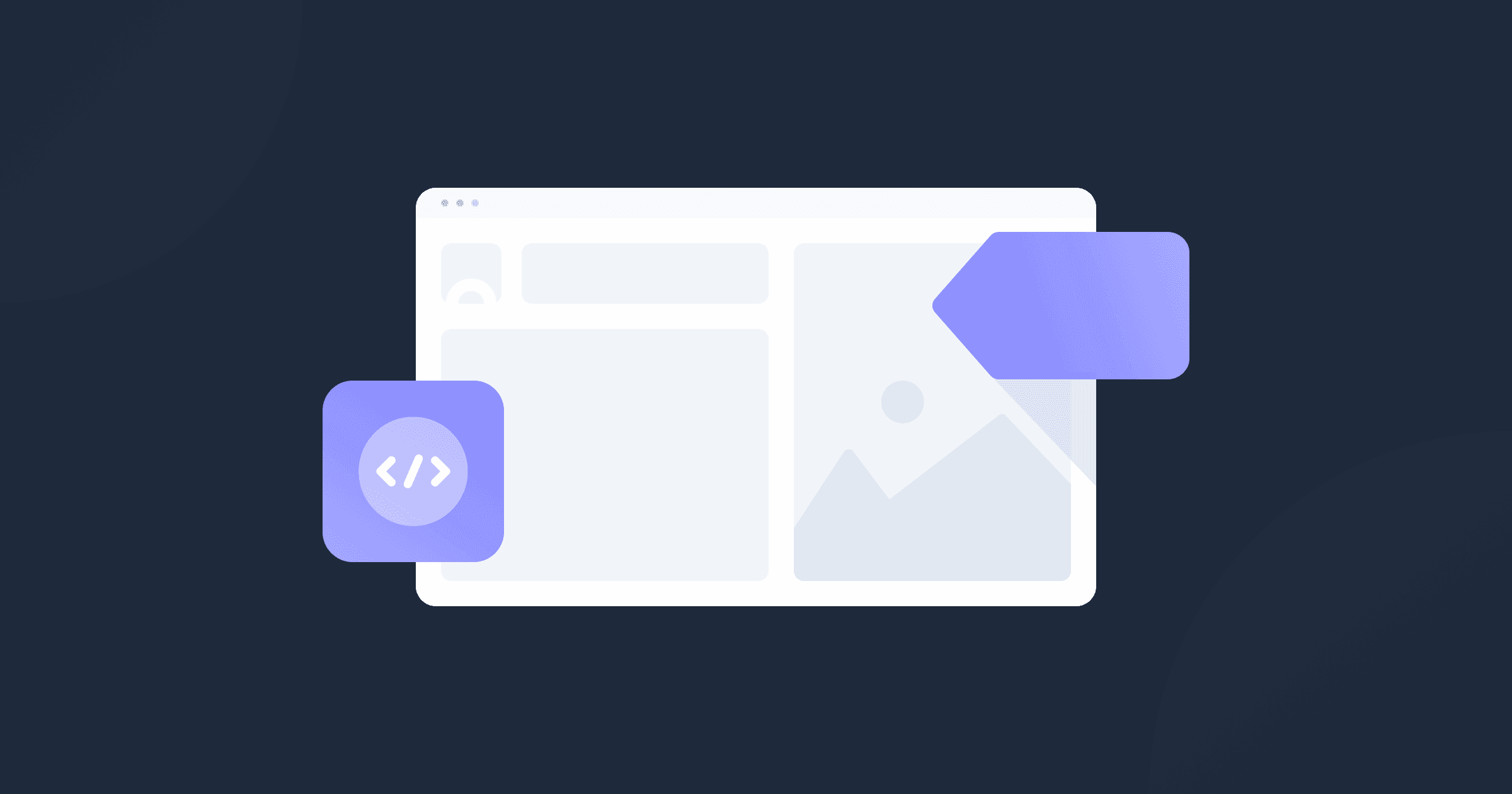 A webpage wireframe with a tag and a code symbol icon.