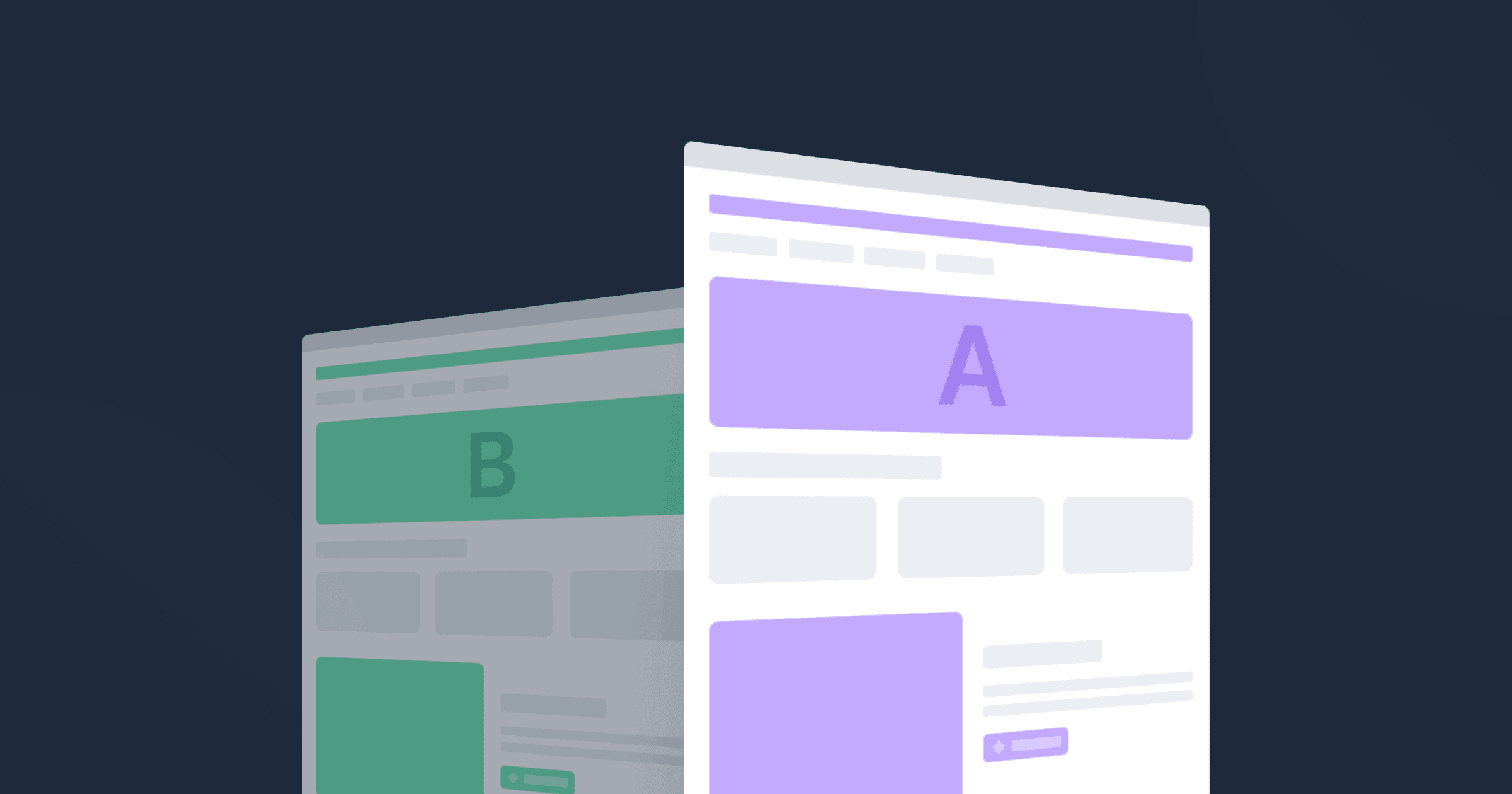 Dois wireframes representando diferentes versões do mesmo site, um em roxo, com a letra A no topo, e outro em verde com a letra B no topo.
