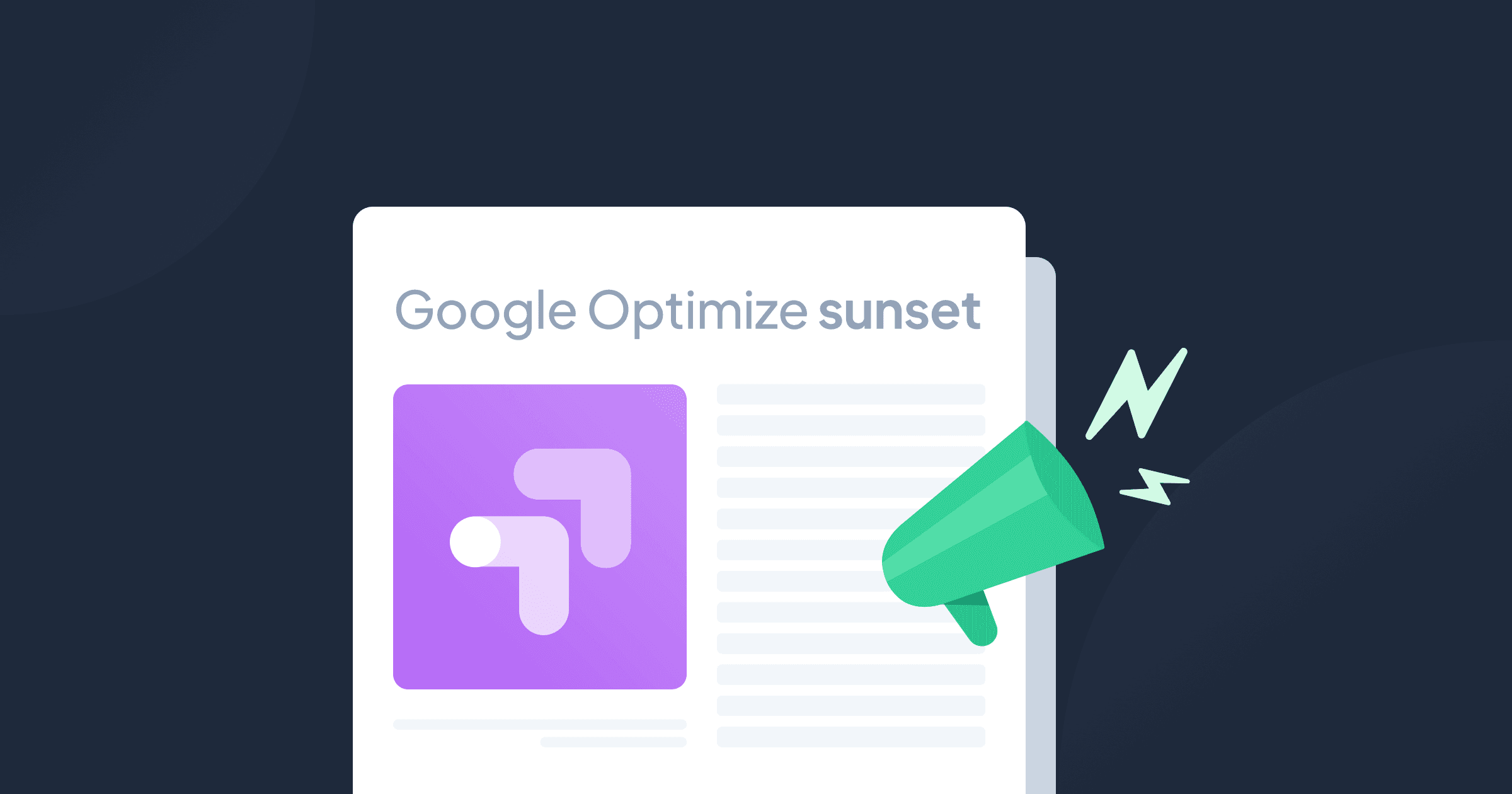 Jornal com o logo do Google Optimize, um alto-falante e texto que diz "Google Optimize sunset".