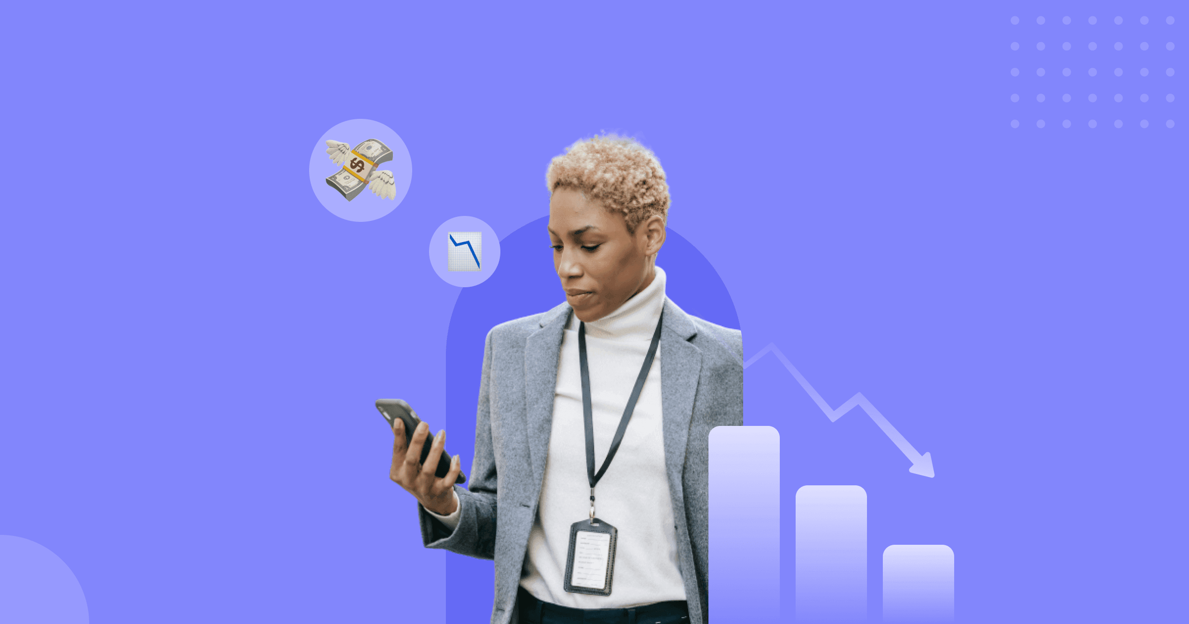 Uma imagem com fundo roxo contendo uma mulher segurando um celular e cercada por um emoji de dinheiro e um de gráfico de performance.