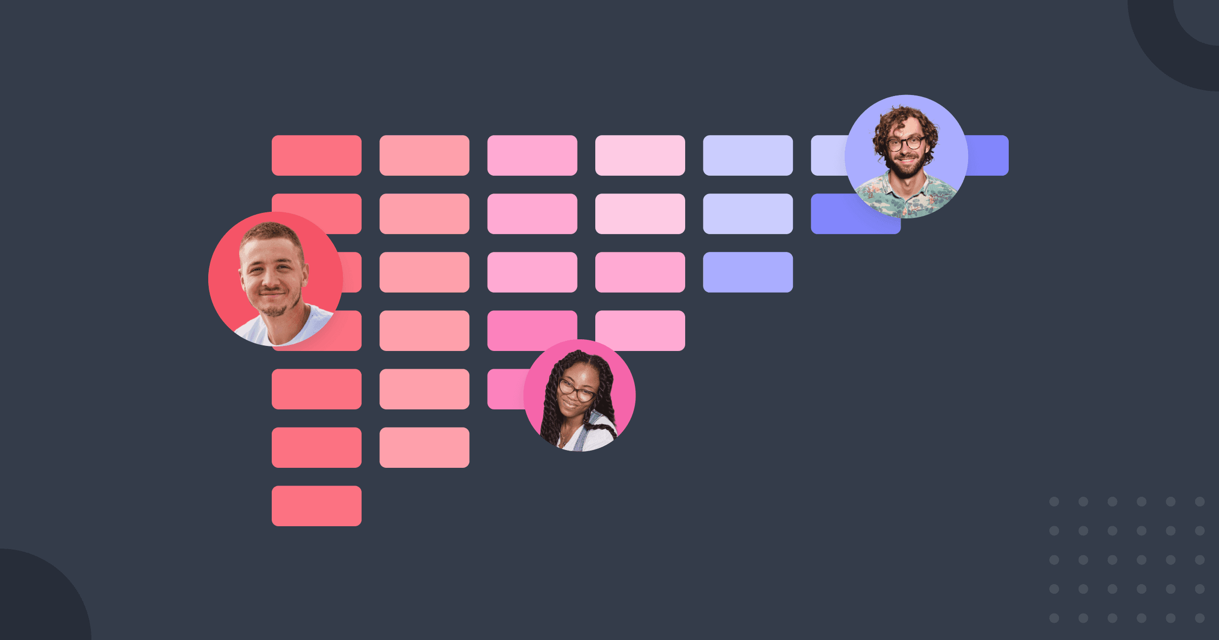 Três avatares de usuários, cada um correspondendo a um grupo de células em uma planilha que representam cohorts.