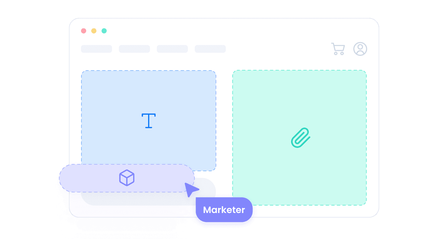Wireframe of a drag and drop tool, with separate spaces for texts, document, and directory, and a cursor representing the Marketer user.