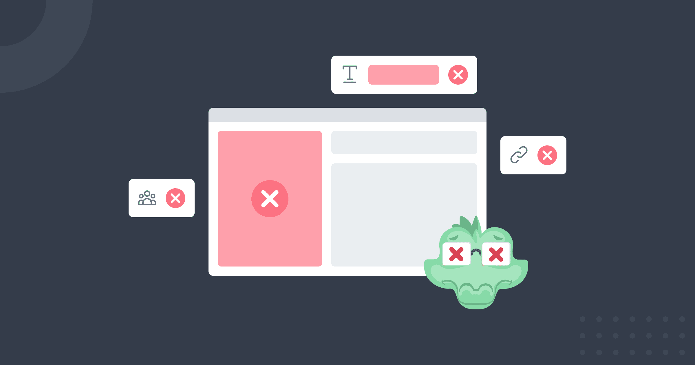 An image with dark background showing a wireframe surrounded by page button icons, all with red cross marks representing mistakes.
