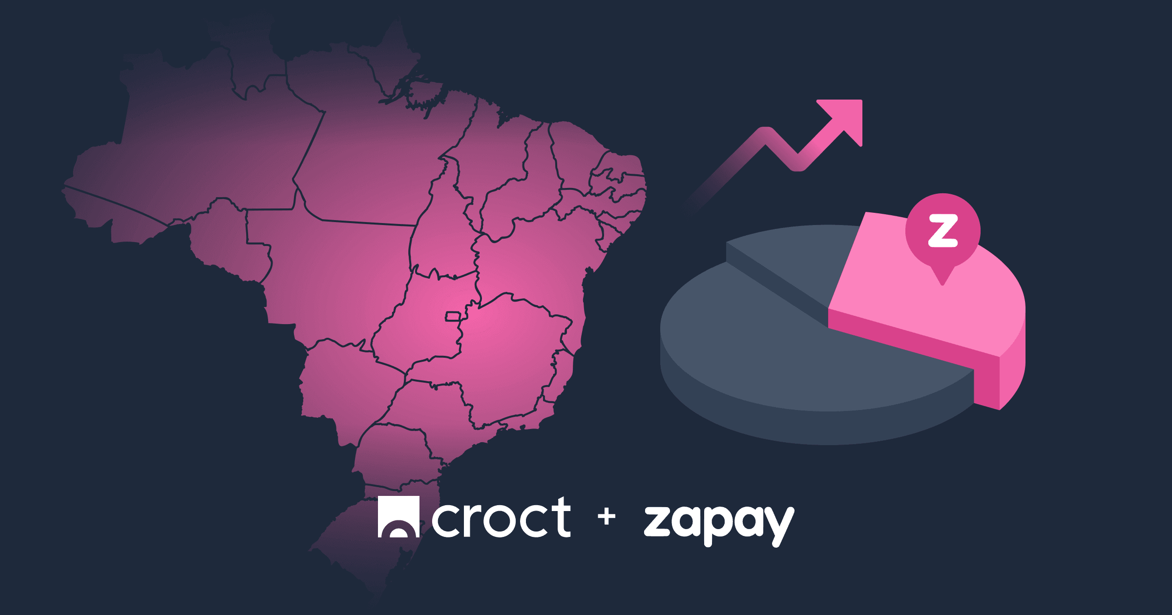 Um mapa do Brasil em rosa correspondente ao market share da Zapay também representado em rosa em um gráfico de pizza.