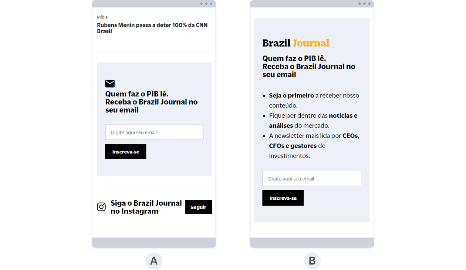 Image showing 2 different variation models for Brazil Journal's subscription form.